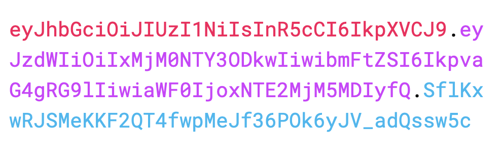 Token JWT no jwt.io com o header em vermelho, o payload em rosa e a assinatura em azul, ilustrando o que é JWT na prática