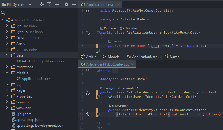 Classe ApplicationUser do aplicativo web no Azure herdando de IdentityUser com Id do tipo Guid e propriedade Name