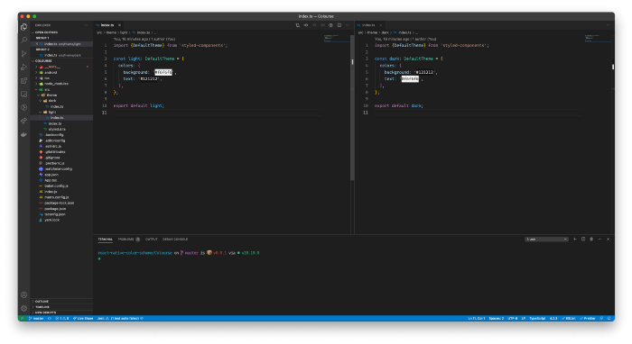 Estrutura de pastas do projeto com os temas light e dark do React Native color scheme dentro de src/theme