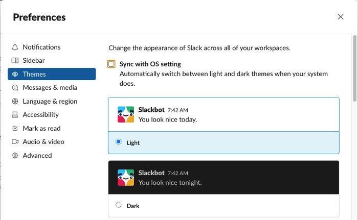 Configurações de tema do Slack com a opção de sincronizar com a aparência do sistema operacional