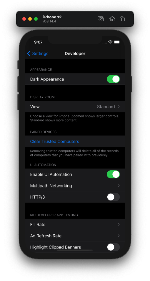 Opção Dark Appearance ativada nas preferências de desenvolvedor do simulador iOS