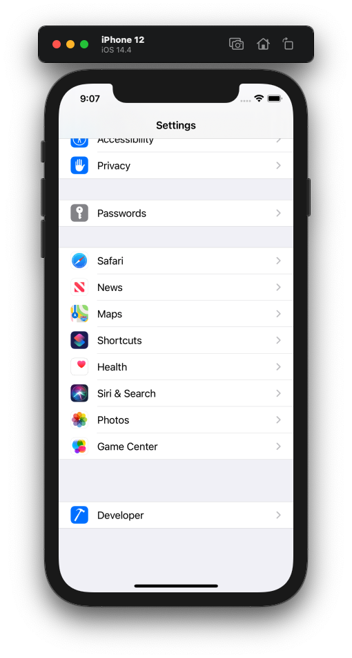 Tela de ajustes do simulador iOS com a seção Developer aberta