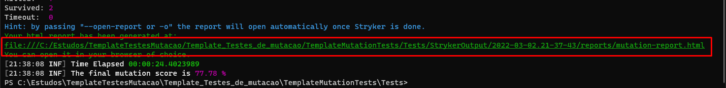 Caminho do relatório HTML gerado pelo Stryker.NET destacado na saída do terminal