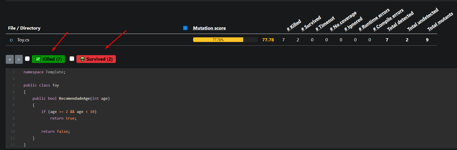 Relatório HTML dos testes de mutação do Stryker.NET com o mutation score e a contagem de mutantes mortos e sobreviventes