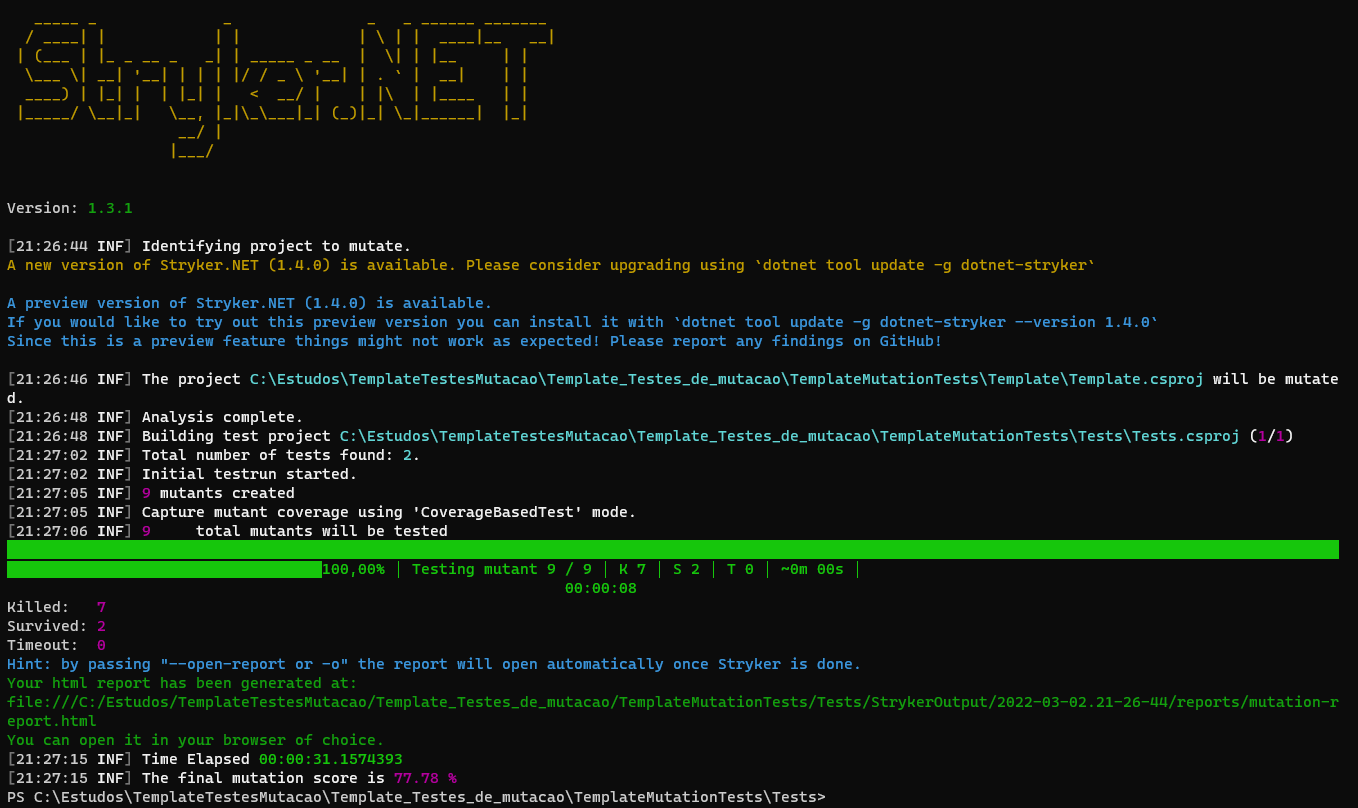 Terminal exibindo a execução do comando dotnet stryker e o resumo dos testes de mutação