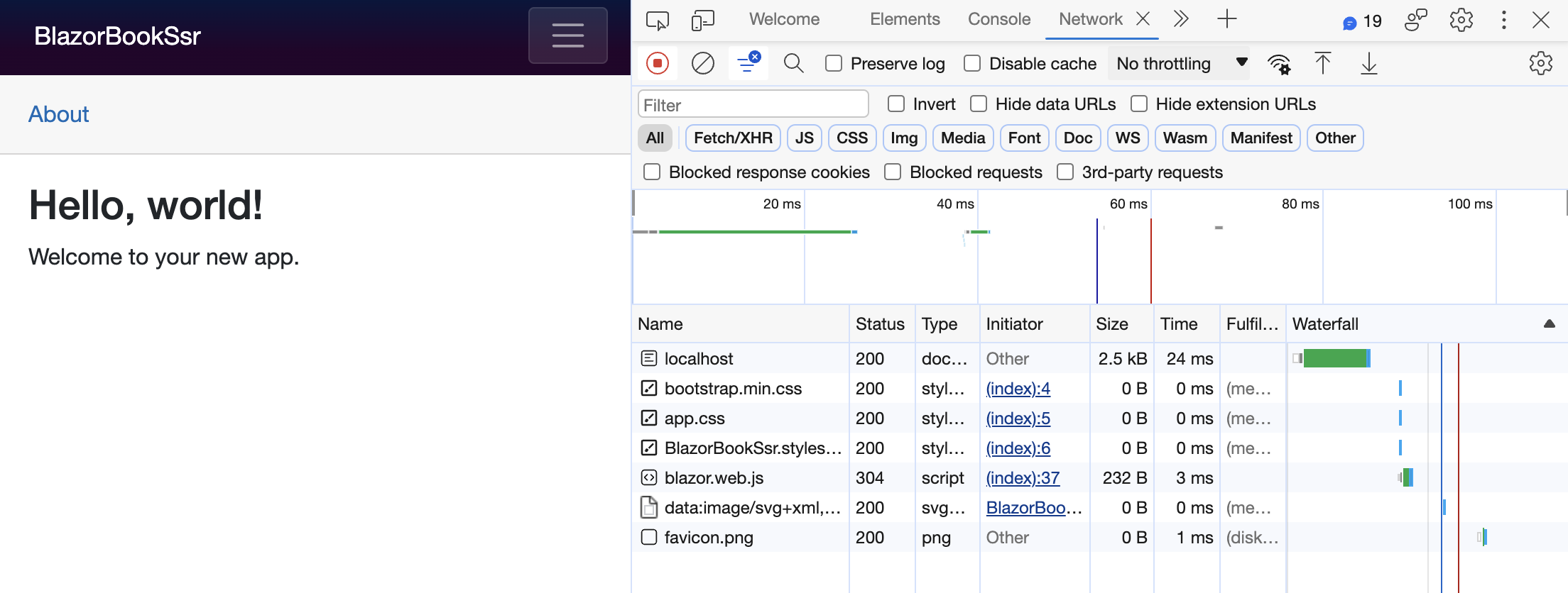 Aba de rede do DevTools mostrando o carregamento inicial de uma aplicação Blazor Server com o documento HTML completo