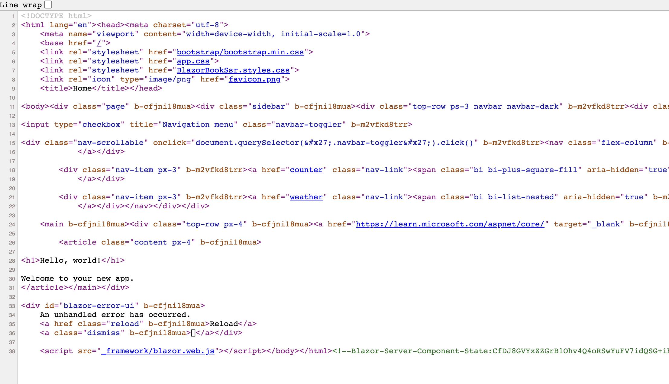 Código fonte da página inicial renderizada no servidor, com cabeçalho e corpo preenchidos