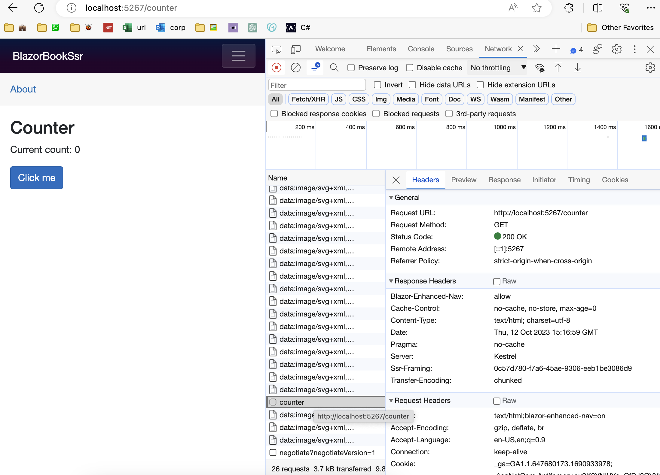 Aba de rede do DevTools exibindo apenas a requisição counter ao navegar entre páginas no Blazor