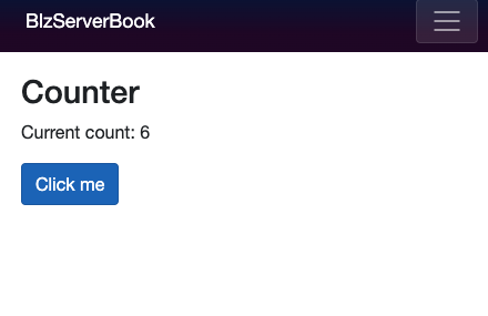 Página Counter do Blazor Server com o contador incrementado sem recarregar a página