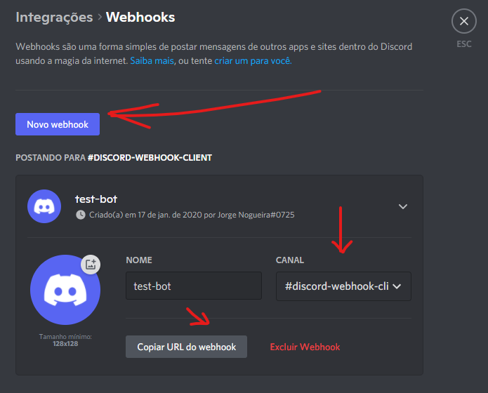 Tela de integrações de um canal do Discord mostrando a criação de um webhook usado para log no Discord