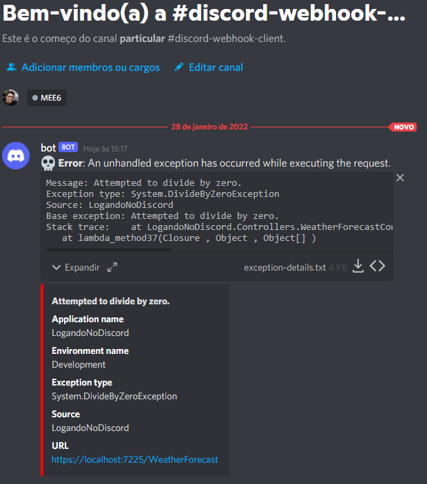 Mensagem de erro do log no Discord com o arquivo exception-details.txt anexado