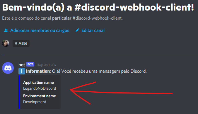 Mensagem de nível Information recebida no canal do Discord com nome da aplicação e ambiente