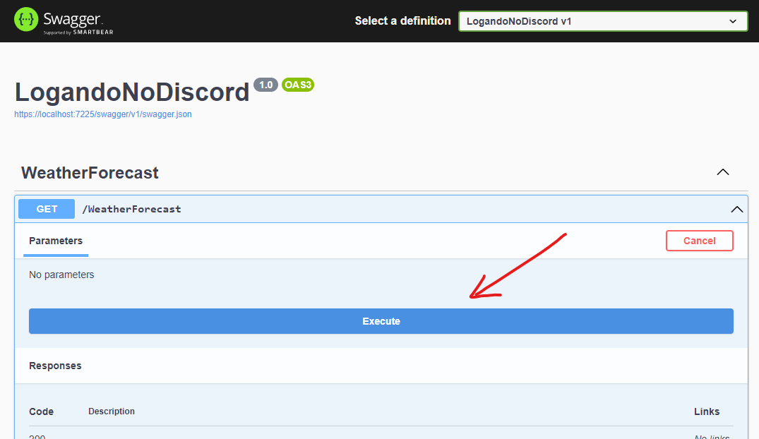 Execução da rota GET no Swagger UI com o botão Execute que dispara o log no Discord