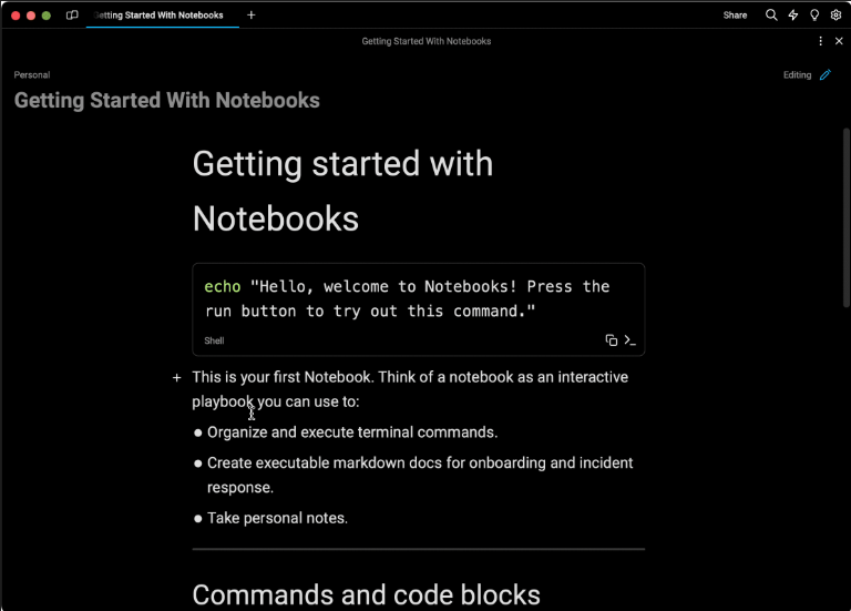 Notebook do Warp com texto em Markdown e blocos de comandos prontos para executar no terminal