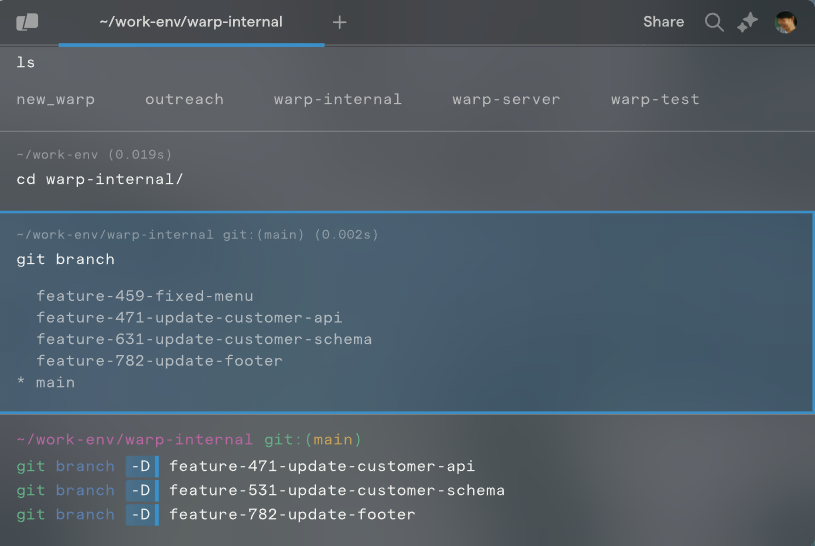 Interface do Warp no Windows com abas, destaque de sintaxe e sugestões de autocompletar na linha de comando