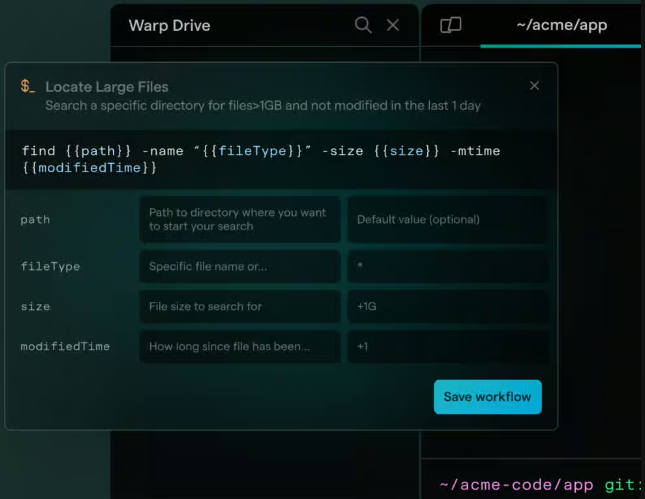 Busca de workflows salvos no Warp no Windows, com a lista de comandos encontrados pelo nome