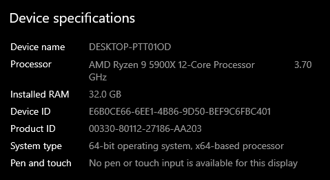 Especificações de um computador atual com processador Ryzen que exibia erro de TPM antes da configuração na BIOS