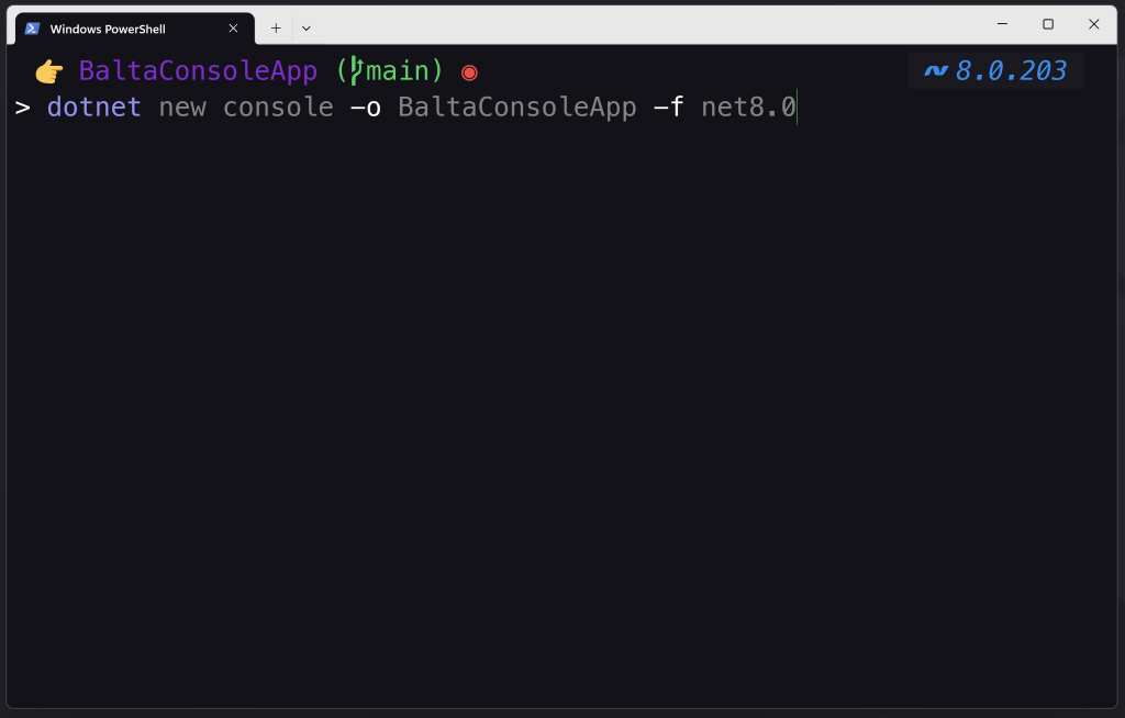 Windows Terminal customizado com o tema do balta.io exibindo pasta atual, branch do Git e versão do .NET