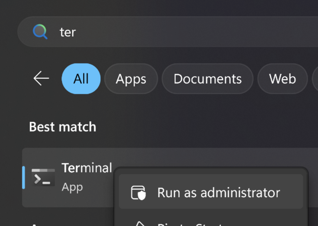 Menu de contexto do ícone do terminal com a opção Executar como administrador