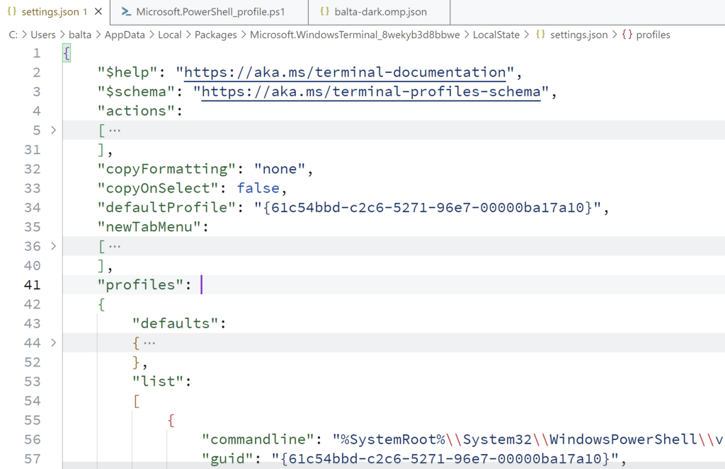 Arquivo settings.json aberto no Visual Studio Code com o nó profiles e list