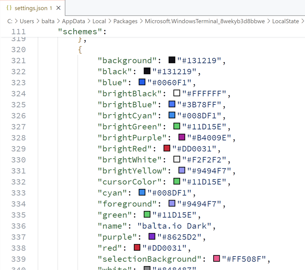 Seção schemes no fim do settings.json com os esquemas de cores disponíveis