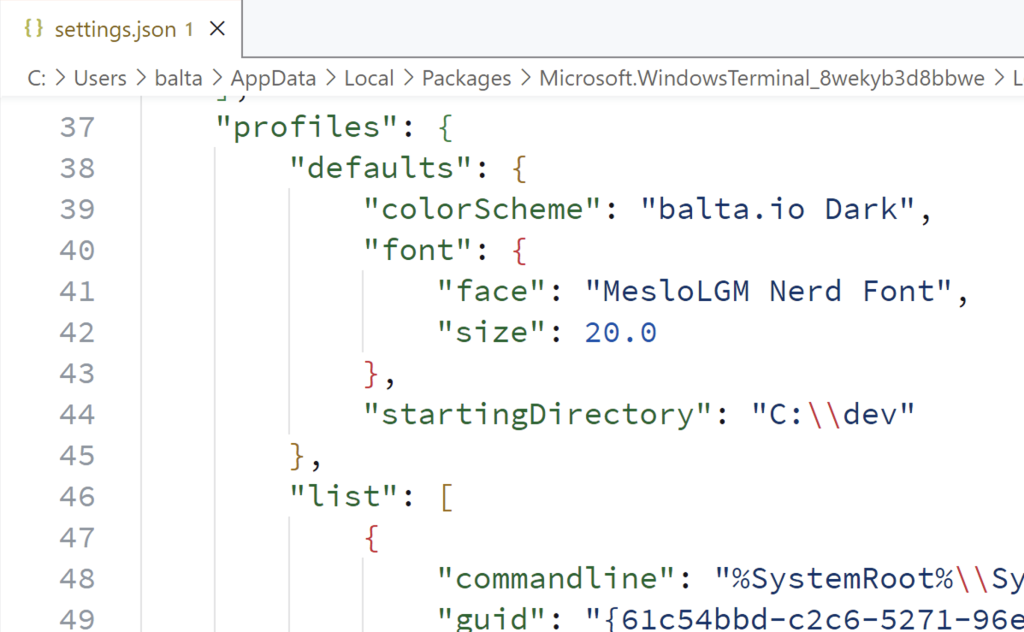 Seção defaults dentro de profiles no arquivo settings.json