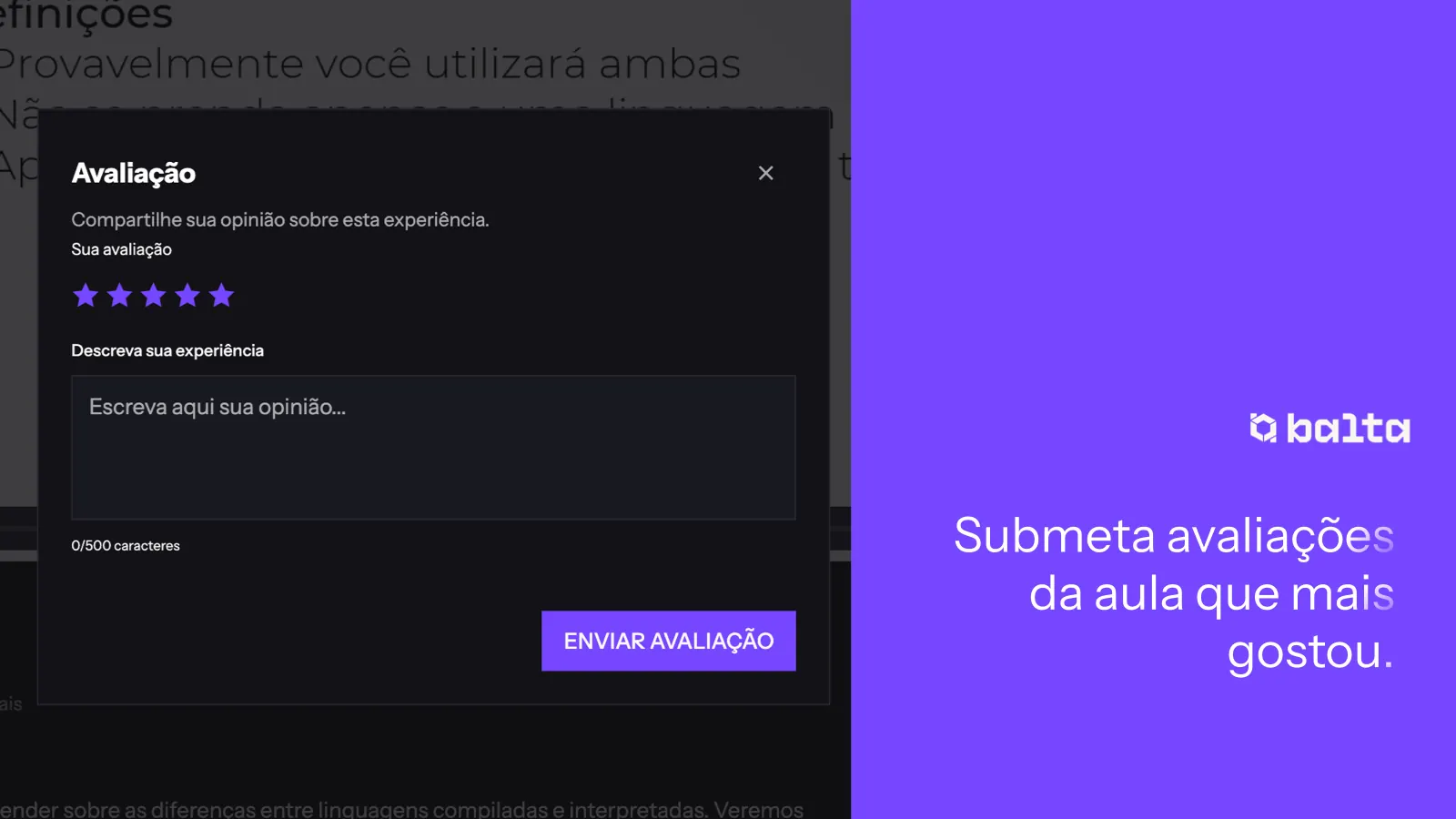 Envie avaliações das aulas que mais gostou