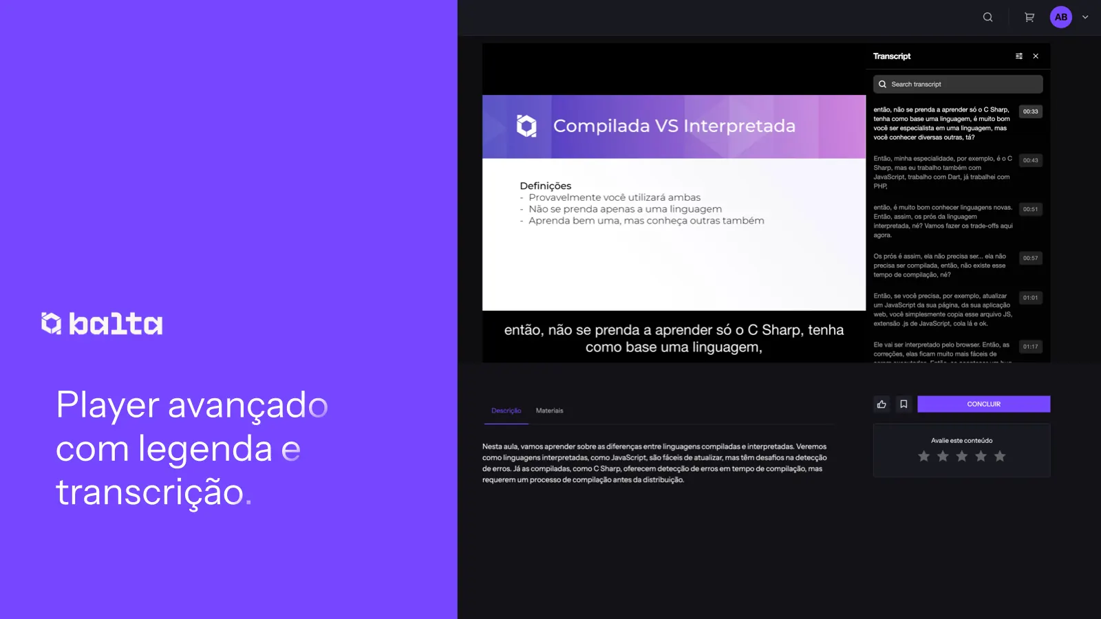 Player avançado com legenda e transcrição