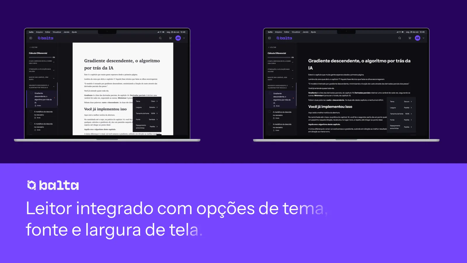 Leitor integrado com opções de tema, fonte e largura de tela